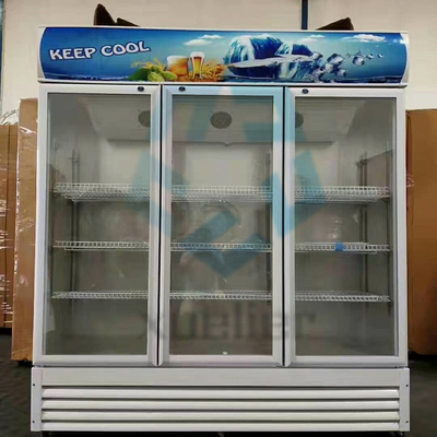 Commercial three-door upright glass beverage display freezer